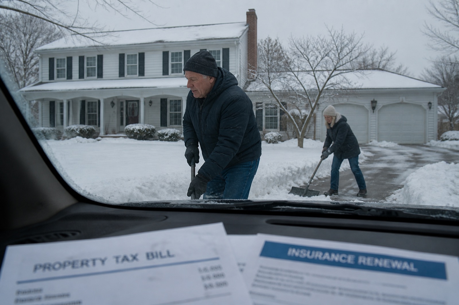 A large colonial house in Ohio in winter, with a property tax bill and insurance notice on a car dashboard