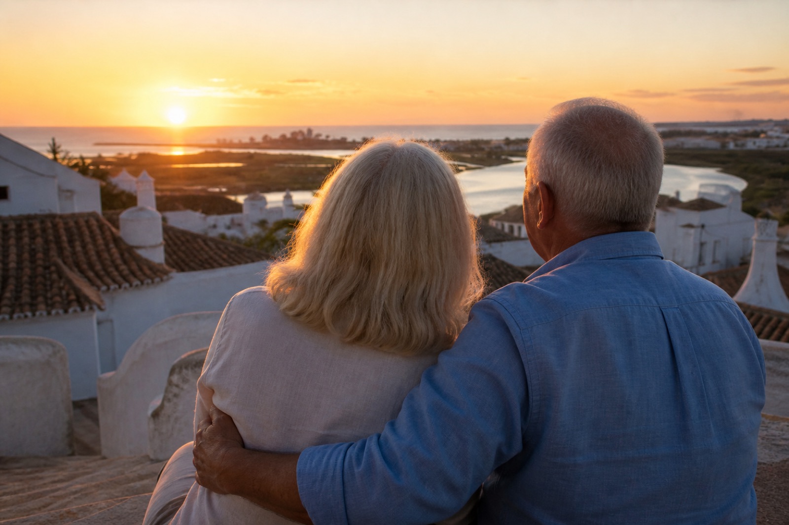 Susan and Mark sitting on their terrace steps at sunset, looking out toward the sea