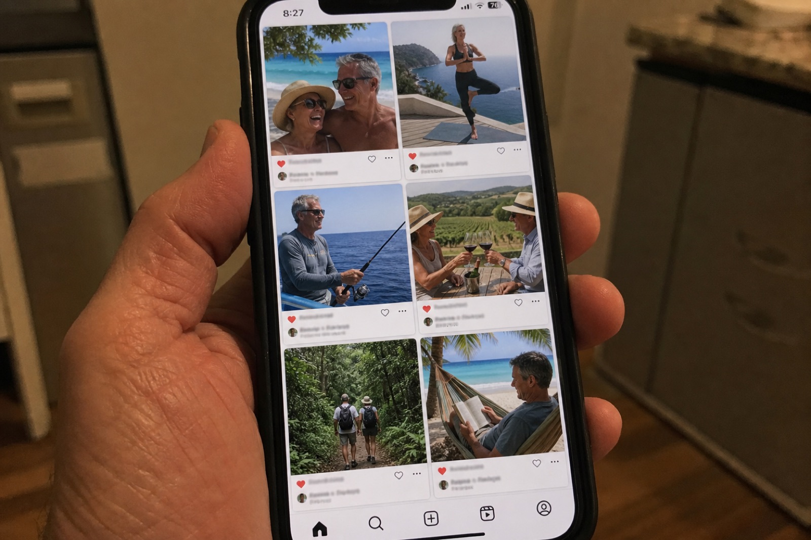 A phone held in an older person's hand, showing a social-media grid of other retirees already living the dream abroad