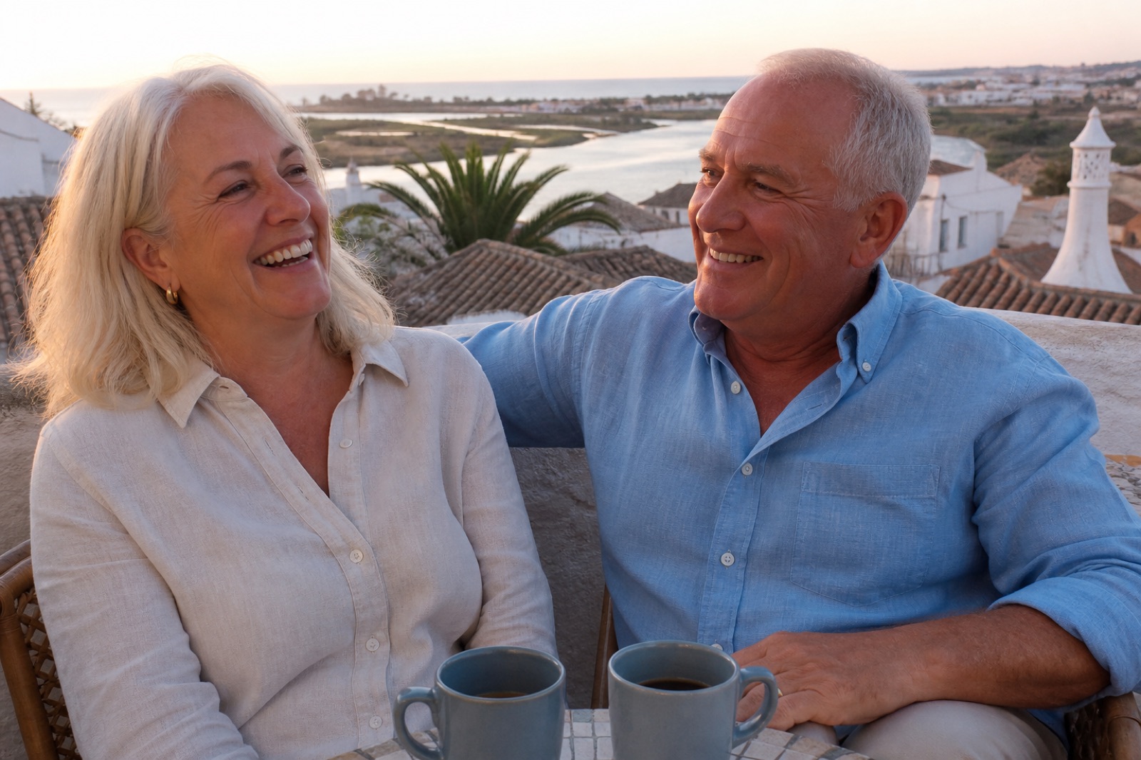 Susan and Mark Delaney sitting together on the terrace of their cottage in Tavira, Portugal