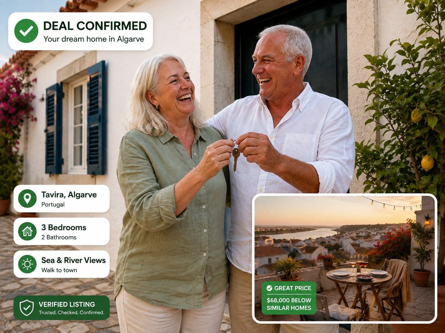 Susan and Mark holding the keys to their Tavira cottage, with the deal confirmed $68,000 below similar homes