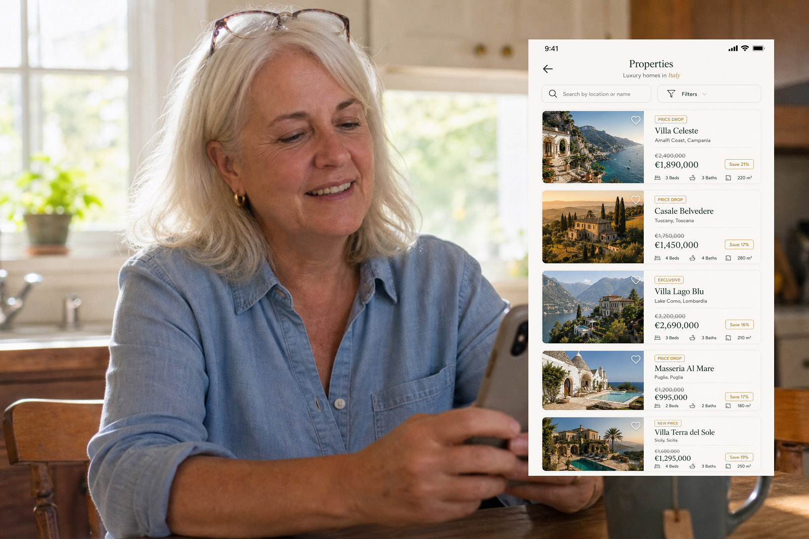 Susan Delaney at her kitchen table, looking at below-market home matches on her phone