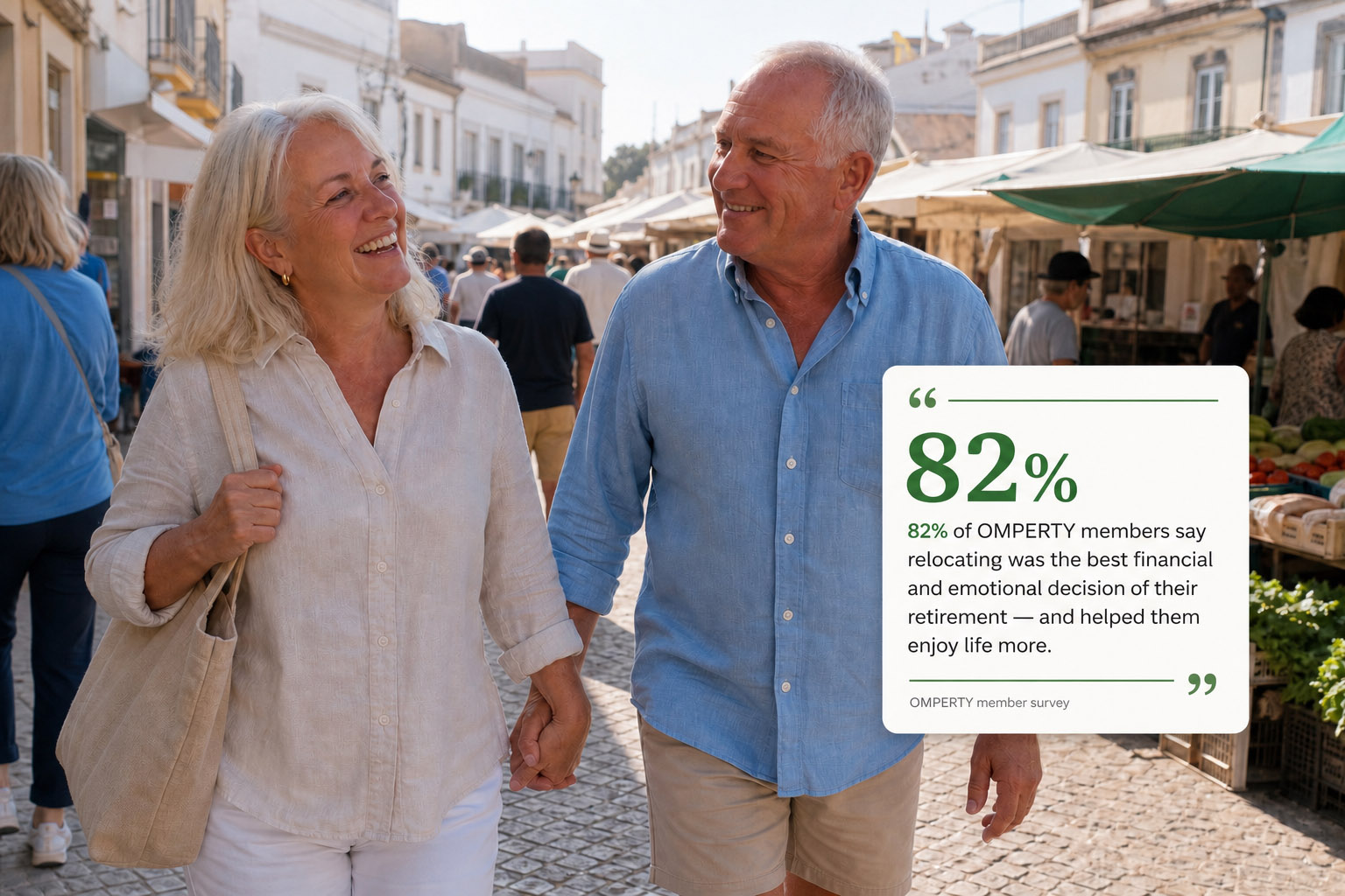 Susan and Mark walking through a sunlit market street in Tavira, with an OMPERTY member survey overlay