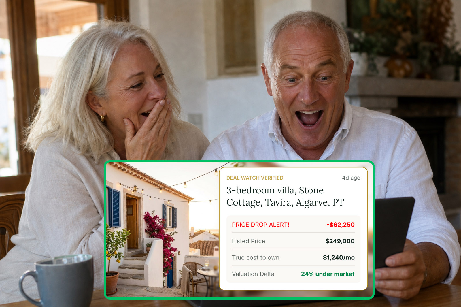 Susan and Mark reacting to a verified OMPERTY deal watch for a Tavira cottage priced $249,000, 24% under market